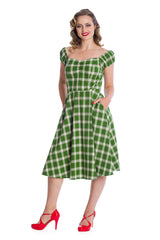 Banned Retro Sail Check Marilyn Off The Shoulder Dress Green