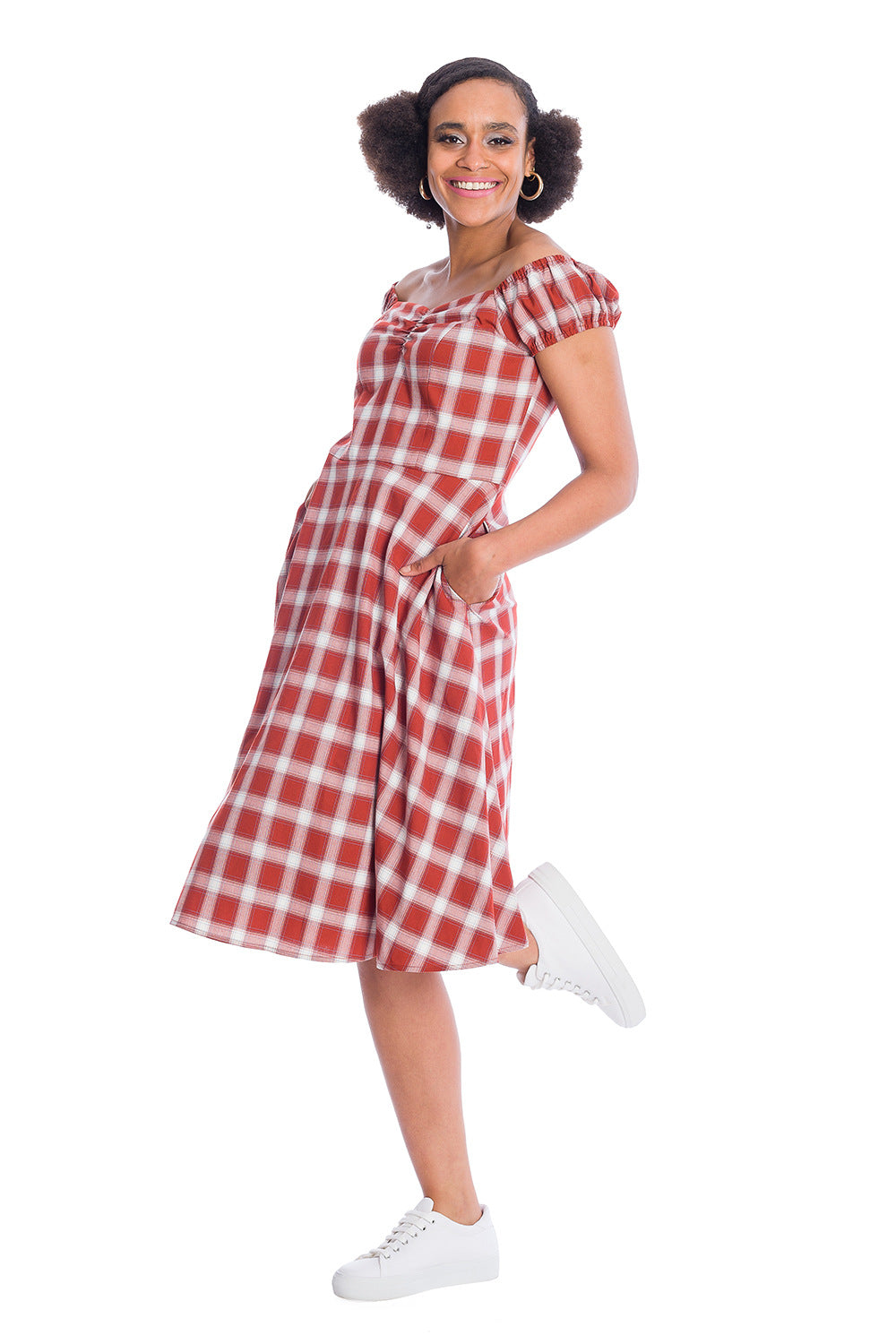 Banned Retro Sail Check Marilyn Off The Shoulder Dress Red