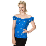 Banned Retro Vintage Romance Lives Snowflake Off Shoulder Top Blue