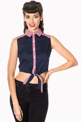 Banned Retro 1950's  J'adore Tie Up Crop Gingham Check Denim Blouse Navy
