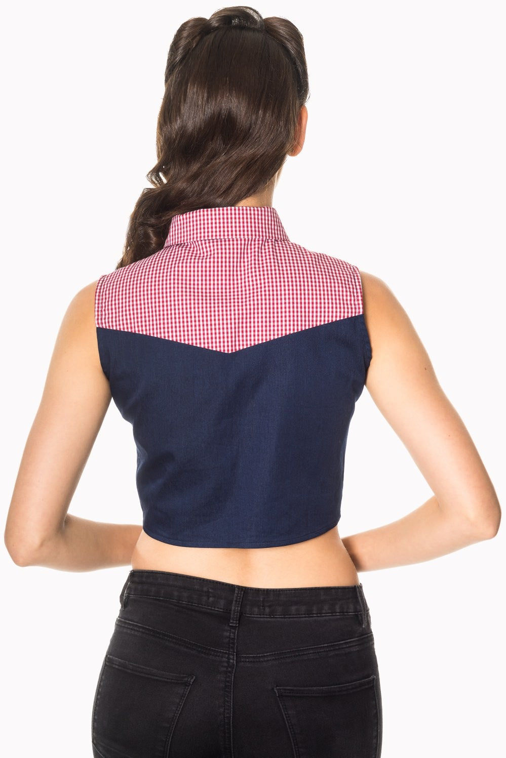 Banned Retro 1950's  J'adore Tie Up Crop Gingham Check Denim Blouse Navy
