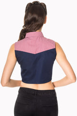Banned Retro 1950's  J'adore Tie Up Crop Gingham Check Denim Blouse Navy