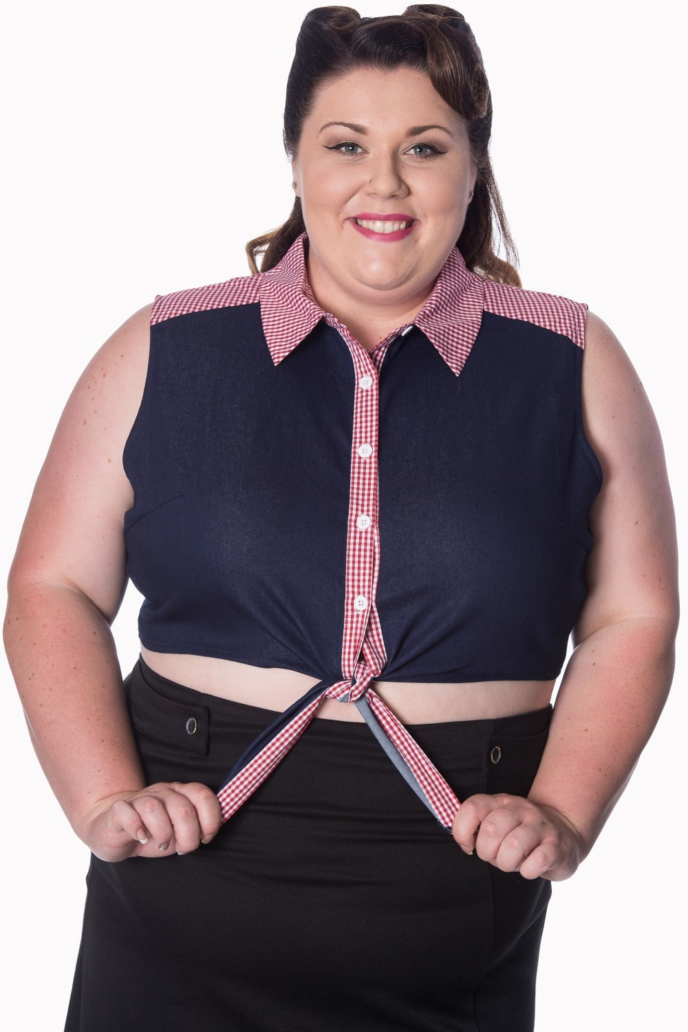 Banned Retro 1950's  J'adore Tie Up Crop Gingham Check Denim Blouse Navy