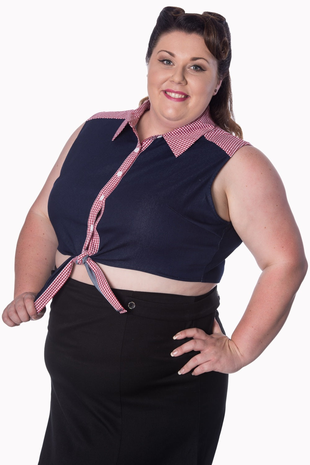 Banned Retro 1950's  J'adore Tie Up Crop Gingham Check Denim Blouse Navy