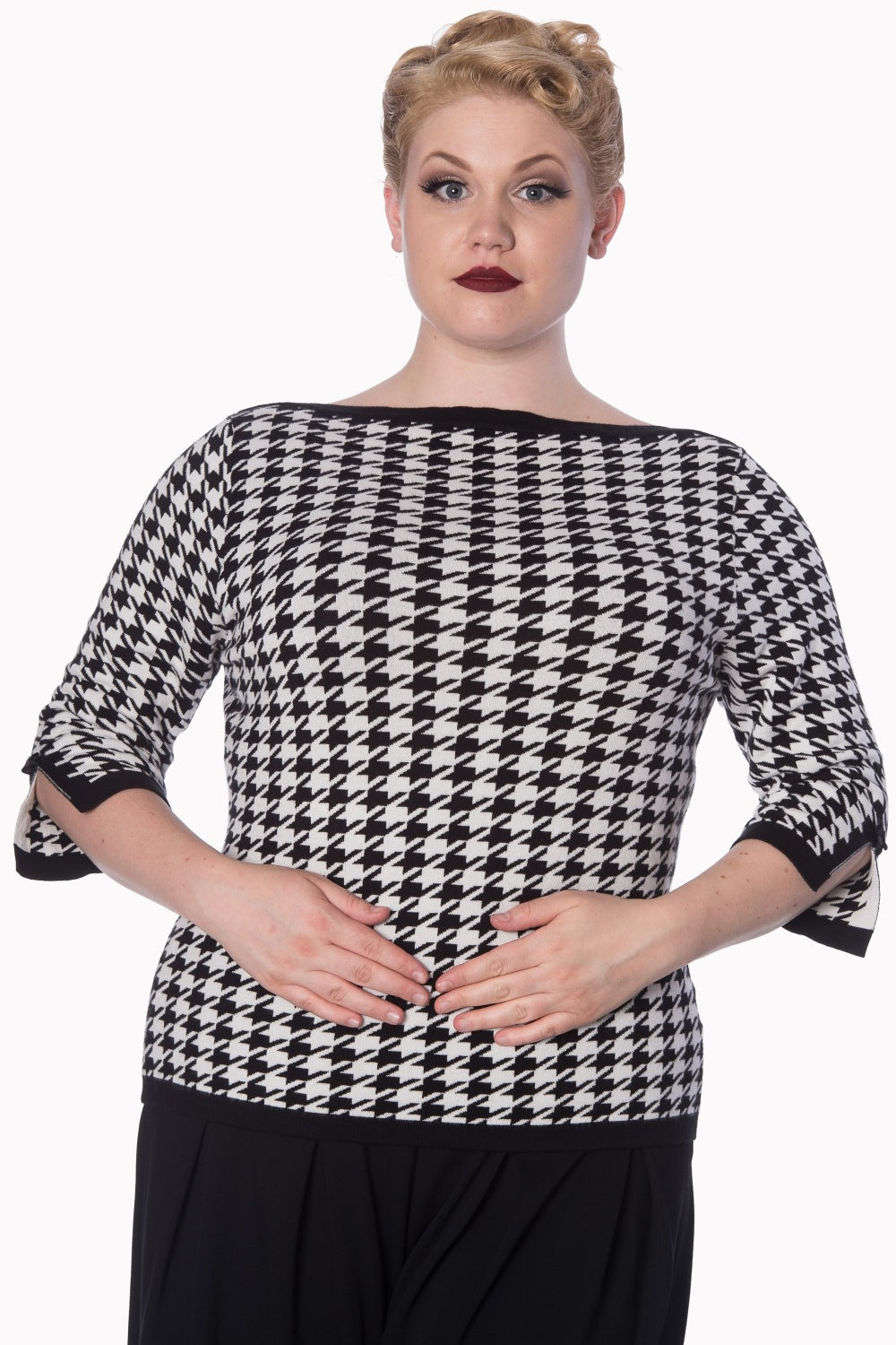 Banned Retro 1950's Izzy Houndstooth Knit Vintage Dorothy Top Black White