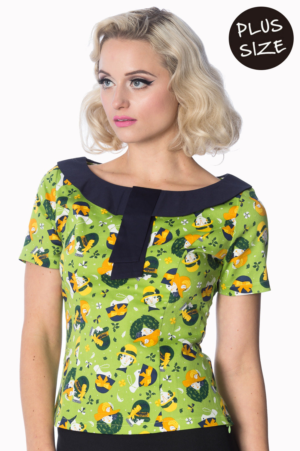 Banned Retro 20's Vintage Hat Art Deco Print Top Green