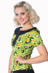 Banned Retro 20's Vintage Hat Art Deco Print Top Green