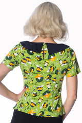 Banned Retro 20's Vintage Hat Art Deco Print Top Green