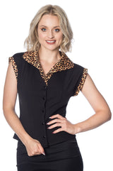 Banned Retro 1950's Rock 'N' Roll Leopard Print Rockabilly Denim Rita Blouse Black