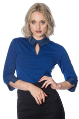 Banned Retro 1950's Secretary Denim Collar Keyhole Top Blue