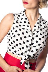 Banned Retro 1950's Black Polka Dot Love Tie Up Crop Top Blouse White