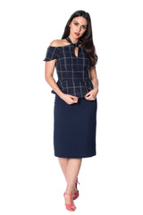 Banned Retro 1950's Chill Checks Peplum Keyhole Halter Neck Vintage Top Navy