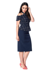 Banned Retro 1950's Chill Checks Peplum Keyhole Halter Neck Vintage Top Navy