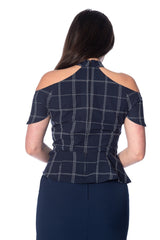 Banned Retro 1950's Chill Checks Peplum Keyhole Halter Neck Vintage Top Navy