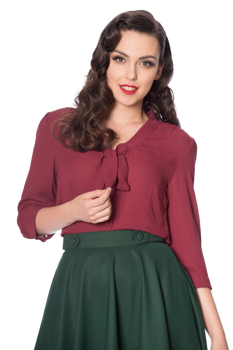Banned Retro 1950's Perfect Pussy Bow Vintage Bell Sleeve Blouse Burgundy