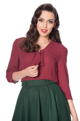 Banned Retro 1950's Perfect Pussy Bow Vintage Bell Sleeve Blouse Burgundy