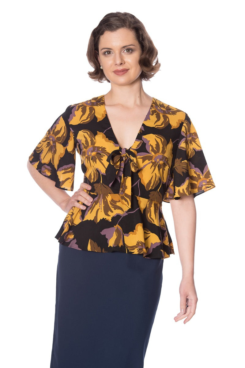 Banned Retro 1950's Polly Vintage Floral Flare Sleeve Peplum Top Mustard