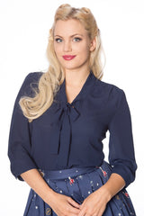 Banned Retro 1950's Perfect Pussy Bow Vintage Bell Sleeve Blouse Navy