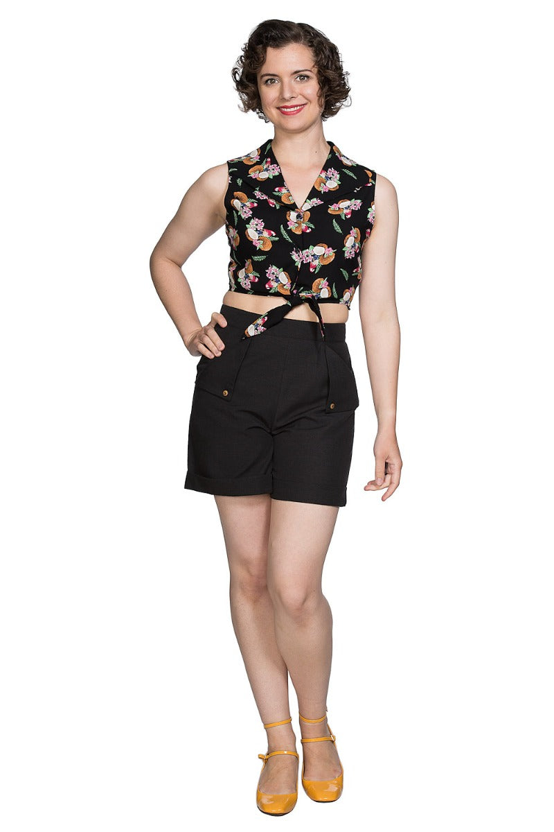 Banned Retro 1950's Fruit Days Coconut Tiki Tie Up Crop Top Blouse Black