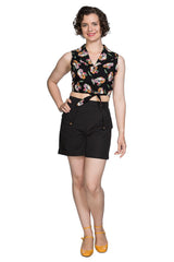 Banned Retro 1950's Fruit Days Coconut Tiki Tie Up Crop Top Blouse Black