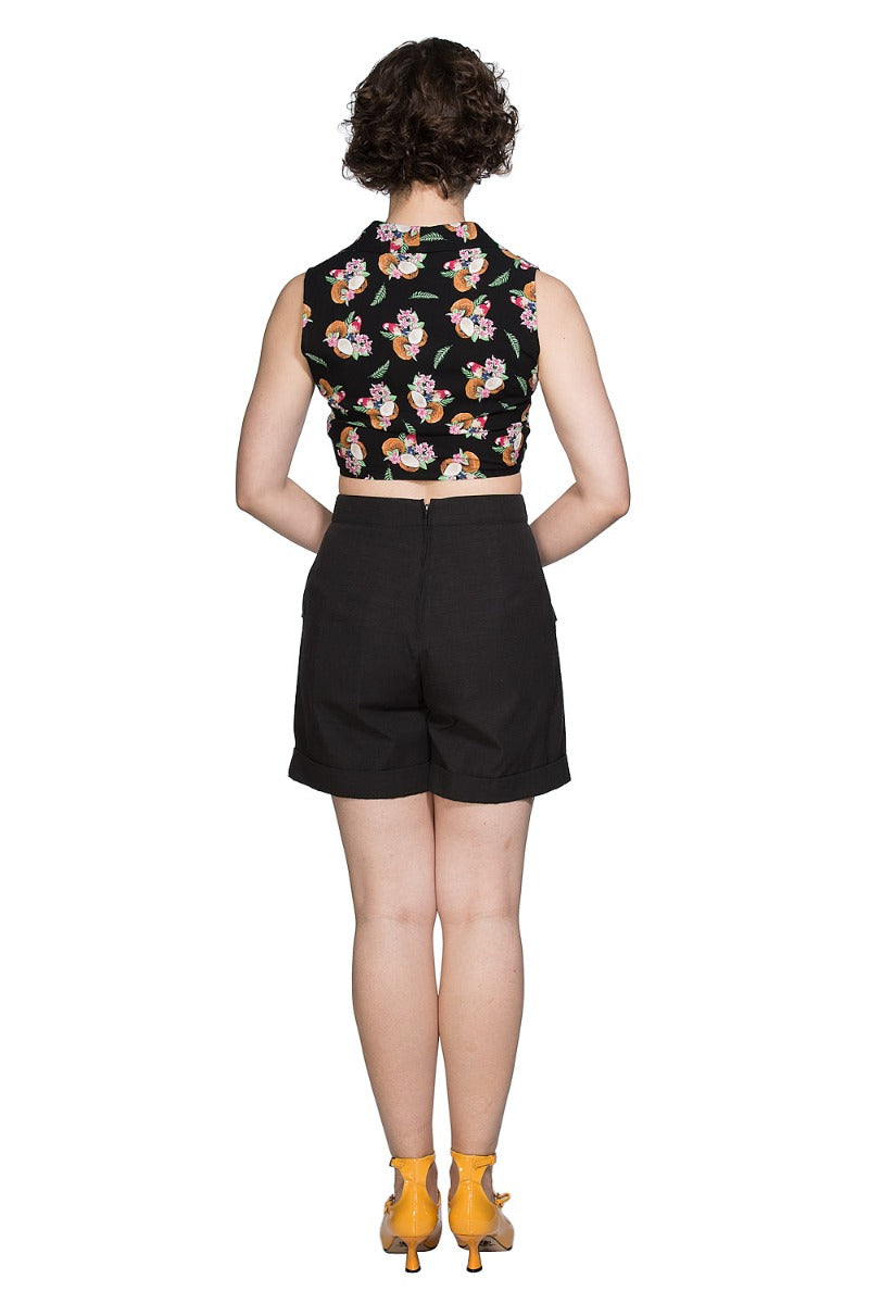 Banned Retro 1950's Fruit Days Coconut Tiki Tie Up Crop Top Blouse Black
