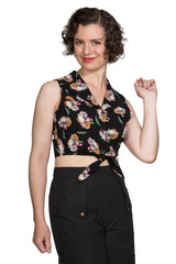 Banned Retro 1950's Fruit Days Coconut Tiki Tie Up Crop Top Blouse Black
