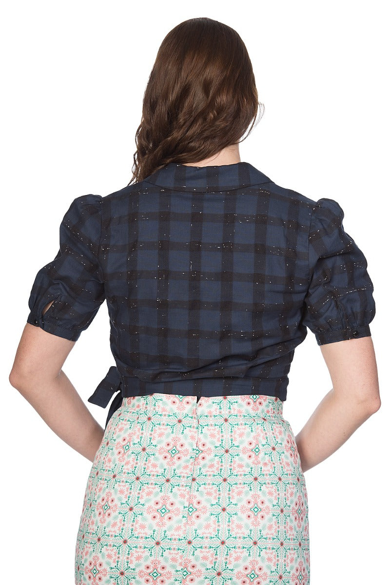 Banned Retro 1950's Seaside Picnic Wrap Check Crop Top Blouse Navy