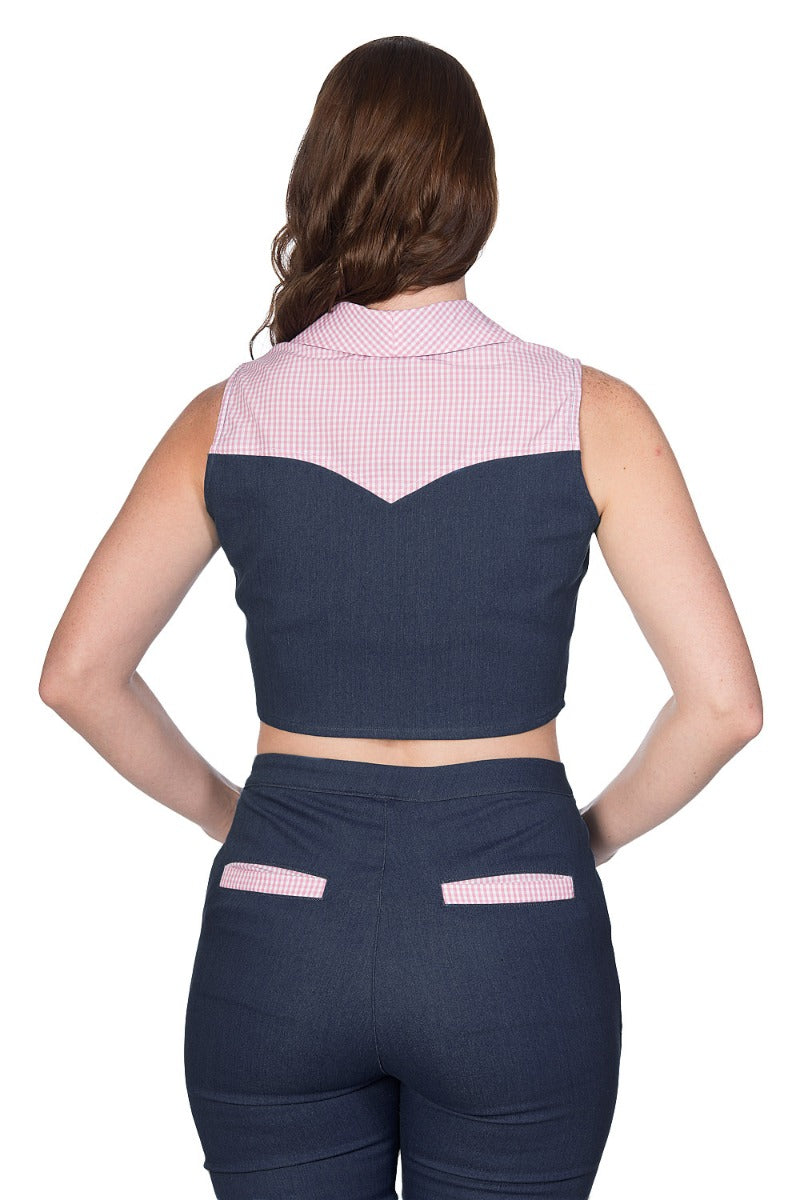 Banned Retro 1950's Diner Days Tie Up Crop Top Vintage Denim Gingham Blouse Dark Blue