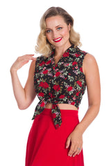 Banned Retro 1950s Rose Garden Floral Tie Up Blouse Black