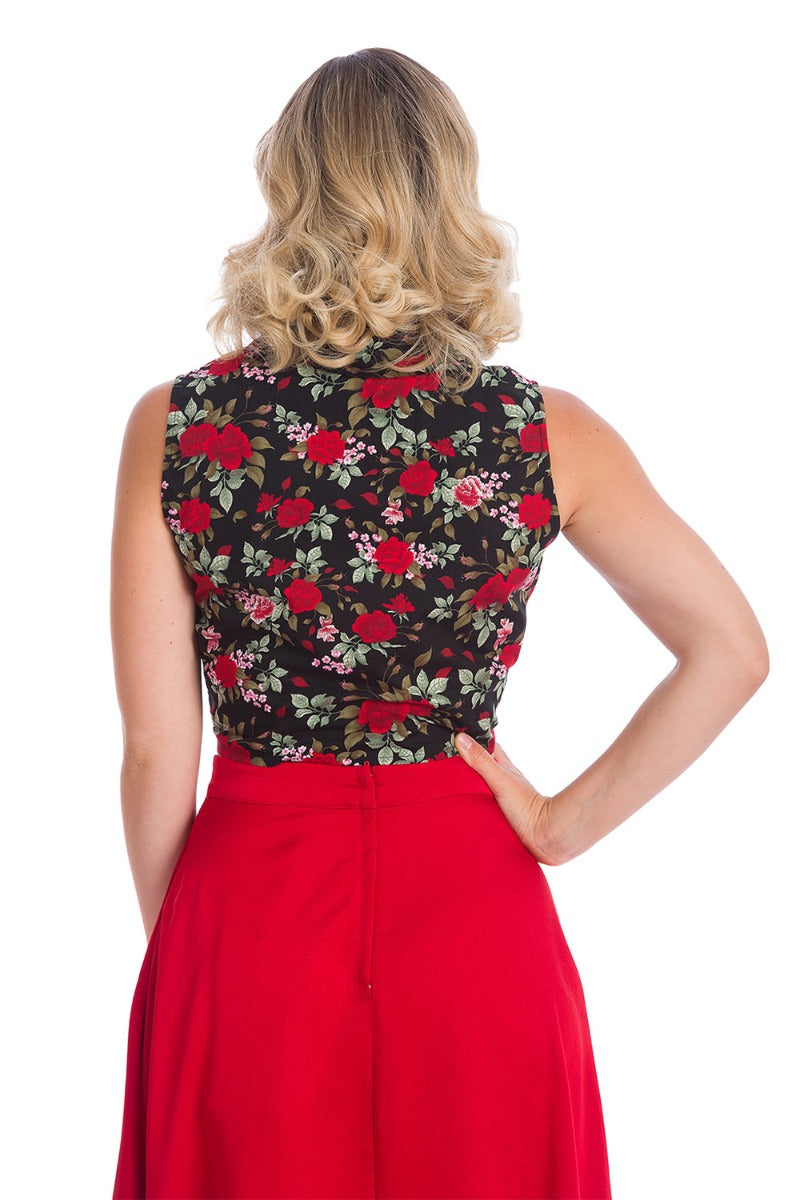 Banned Retro 1950s Rose Garden Floral Tie Up Blouse Black