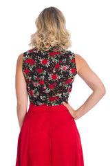 Banned Retro 1950s Rose Garden Floral Tie Up Blouse Black
