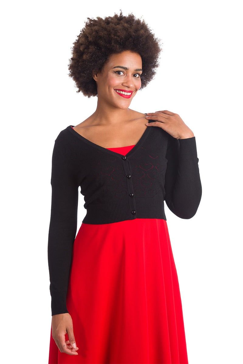 Banned Retro 60's Love Dream Heart Cropped Perforated Vintage Cardigan Black