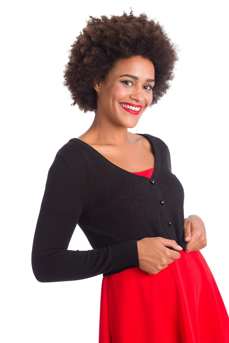 Banned Retro 60's Love Dream Heart Cropped Perforated Vintage Cardigan Black
