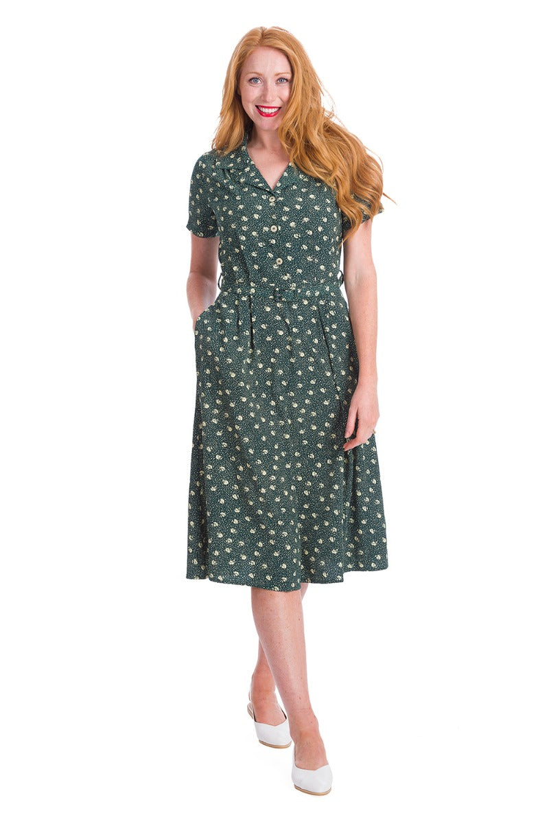 Banned Retro 1950's Lady Pearl Spotty Midi Vintage Shirt Dress With Pockets Green