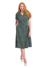 Banned Retro 1950's Lady Pearl Spotty Midi Vintage Shirt Dress With Pockets Green
