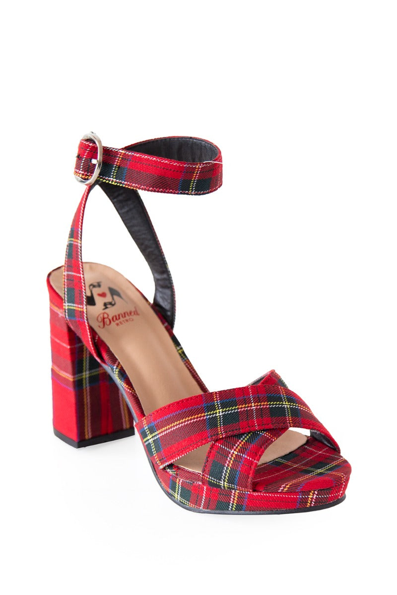 Banned Retro Cameron Check Rockabilly Vintage Platform Block Heels Red Tartan