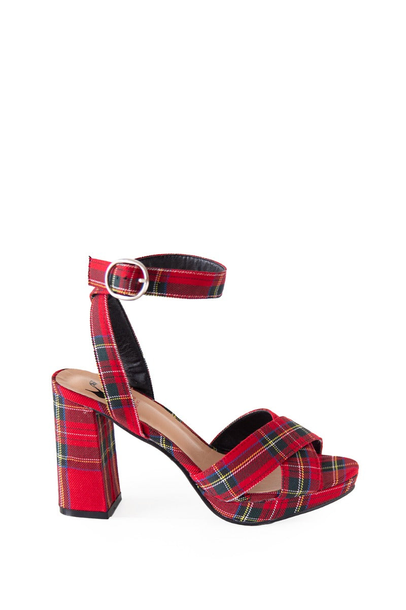 Banned Retro Cameron Check Rockabilly Vintage Platform Block Heels Red Tartan