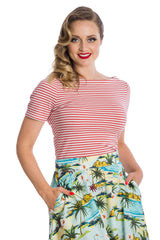 Banned Retro Szizzle Stripe Boat Neck Top Pink