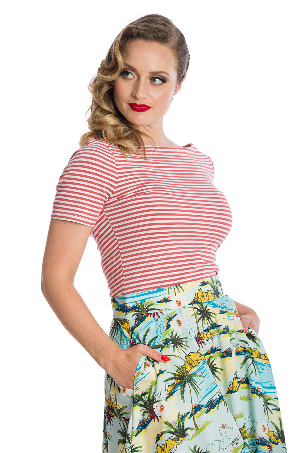 Banned Retro Szizzle Stripe Boat Neck Top Pink