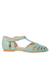BANNED Retro Secret Love Dapper Sandals Vintage T-Bar Flats With Cut-Out Hearts In Vegan Faux Leather-Mint