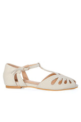 BANNED Retro Secret Love Dapper Sandals Vintage T-Bar Flats With Cut-Out Hearts In Vegan Faux Leather-Cream