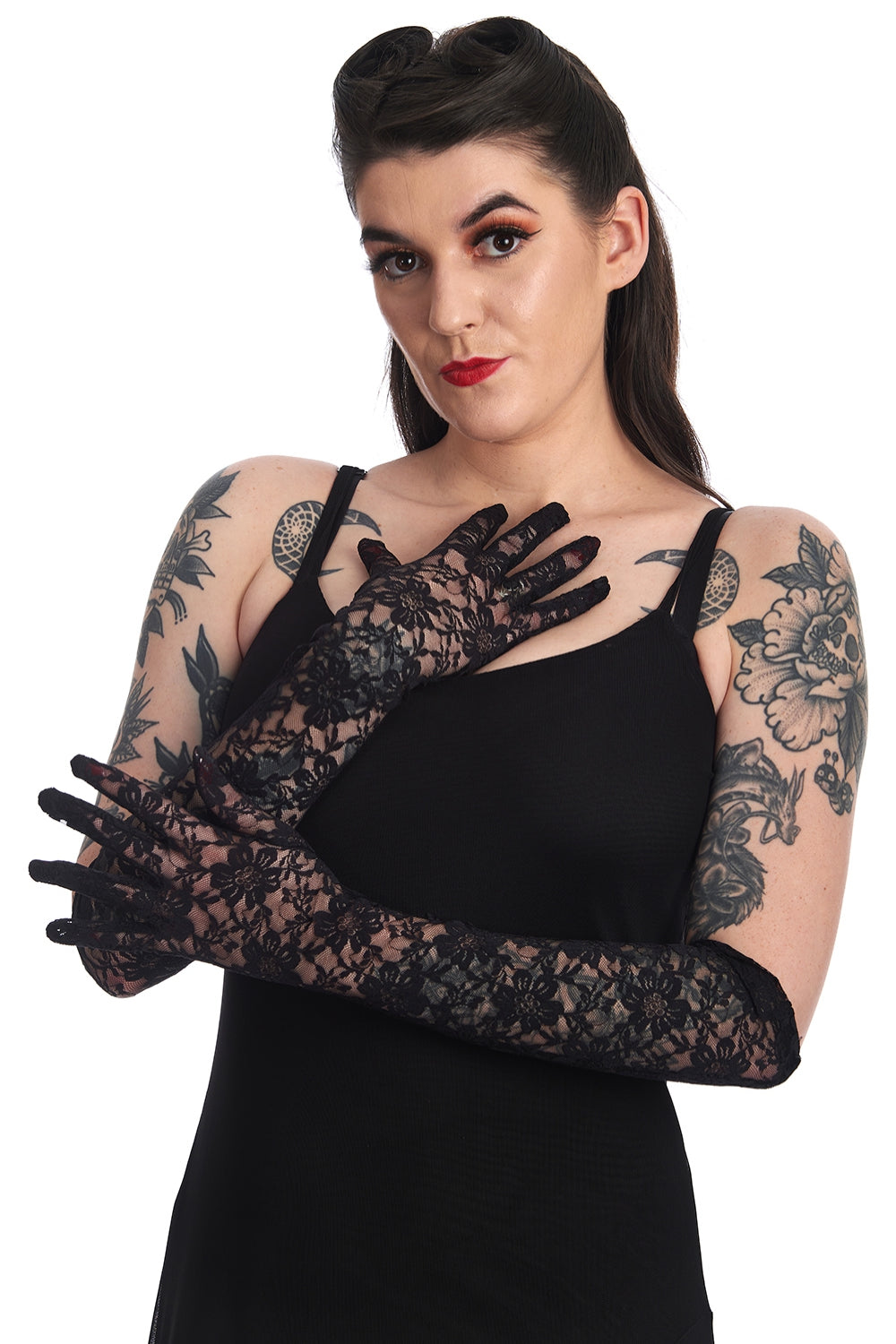 SYBIL LACE LONG GLOVES-Black-One Size-EU