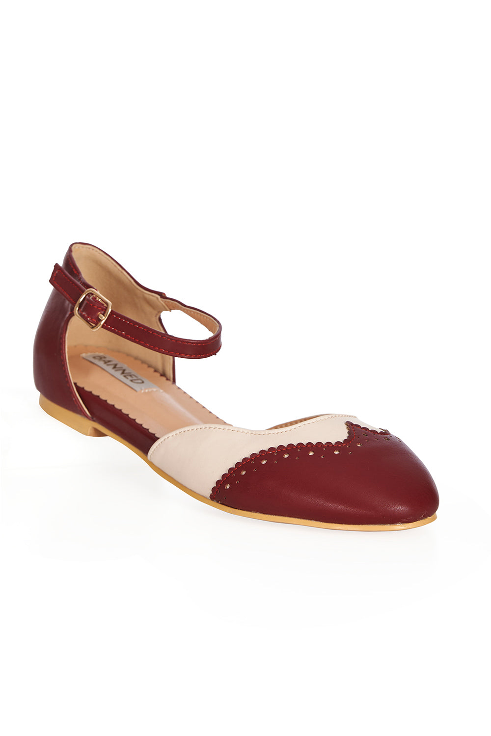 BANNED Retro Dapper Dancemates Flats Retro Two-Tone Brogue Sandals With Hidden Wedge & Ankle Strap-Burgundy