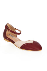 BANNED Retro Dapper Dancemates Flats Retro Two-Tone Brogue Sandals With Hidden Wedge & Ankle Strap-Burgundy