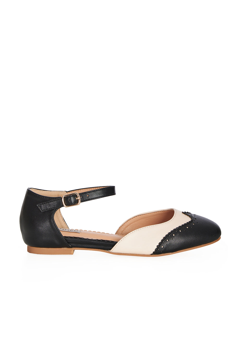 BANNED Retro Dapper Dancemates Flats Retro Two-Tone Brogue Sandals With Hidden Wedge & Ankle Strap-Black
