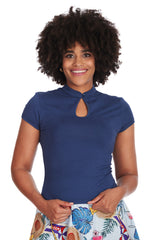 MANDARIN COLLAR TOP-Navy