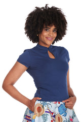 MANDARIN COLLAR TOP-Navy