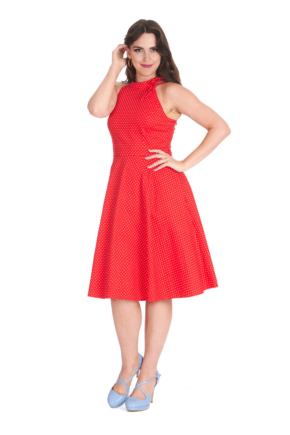 HATTIE HALTER  SPOT DRESS-Red