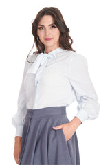 PUSSY BOW LONG SLEEVE BLOUSE IN A TEXTURED WOVEN FABRIC-Blue