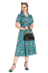 KEEP EM FLYING BUTTON SWING DRESS-Teal